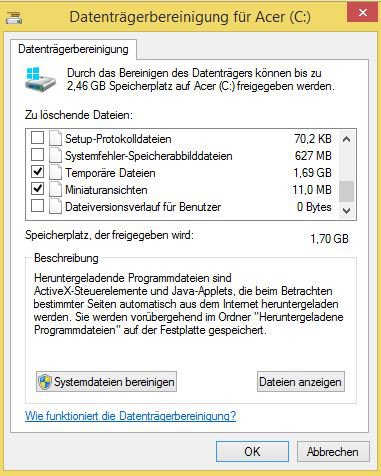 Datenträgerbereinigung unter Windows 8 - Übersicht der Dateien 