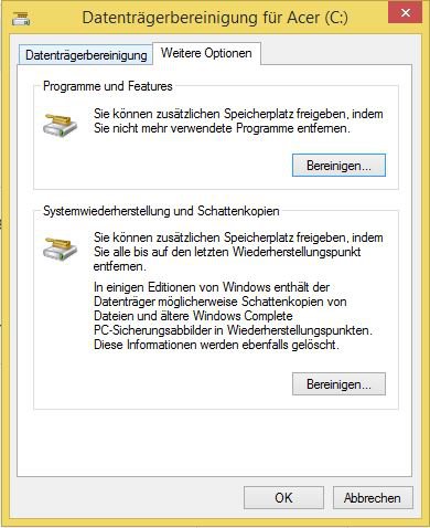  Datenträgerbereinigung unter Windows 8  Weitere Optionen