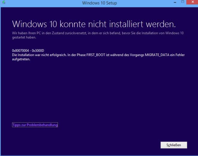 Update von Windows 8.1 Pro zu Windows 10 Pro  fehlgeschlagen Fehlercode 0x8007042B – 0x3000D