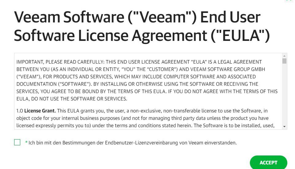 Die Lizenz Bestimmungen bestätigen Veeam Agent for Windows Free