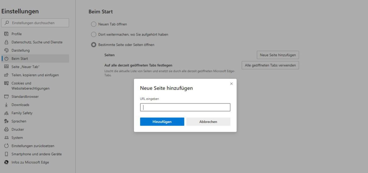 Microsoft Edge:  beim Start gleich bestimmte Webseiten lade