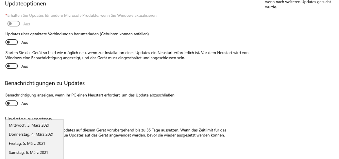 Windows 10: Über Einstellungen automatische Windows Updates deaktivieren- Updates bis zu 35 Tage aussetzen