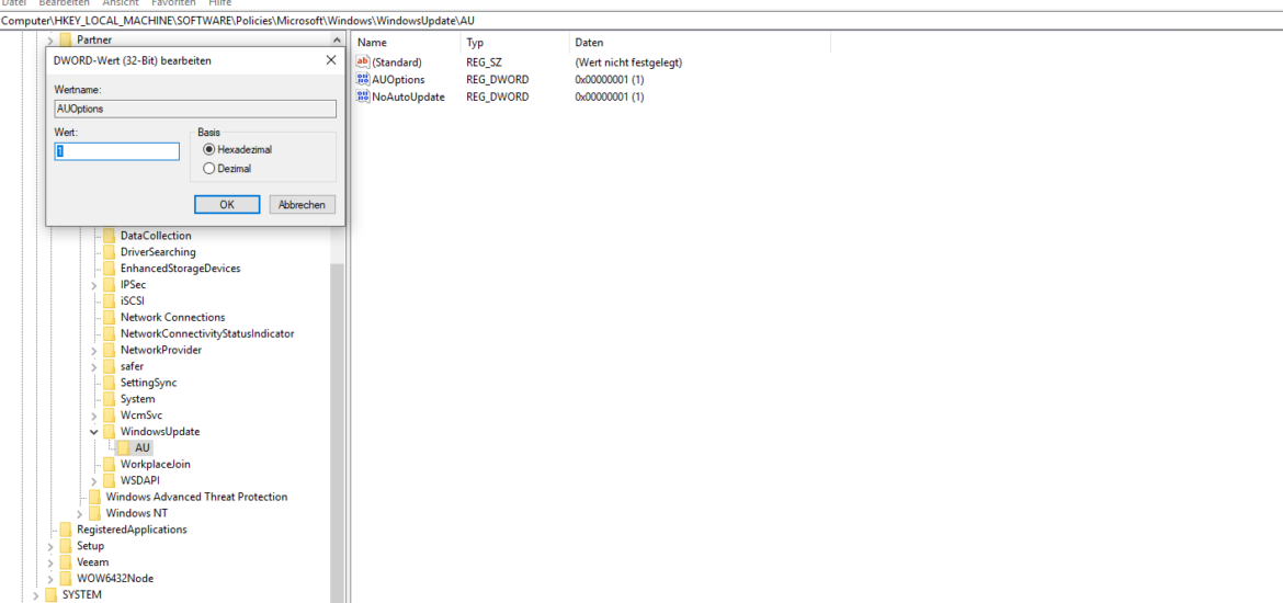 Windows 10 Registry: 2 - Vor Download und automatischer Installation benachrichtigen.