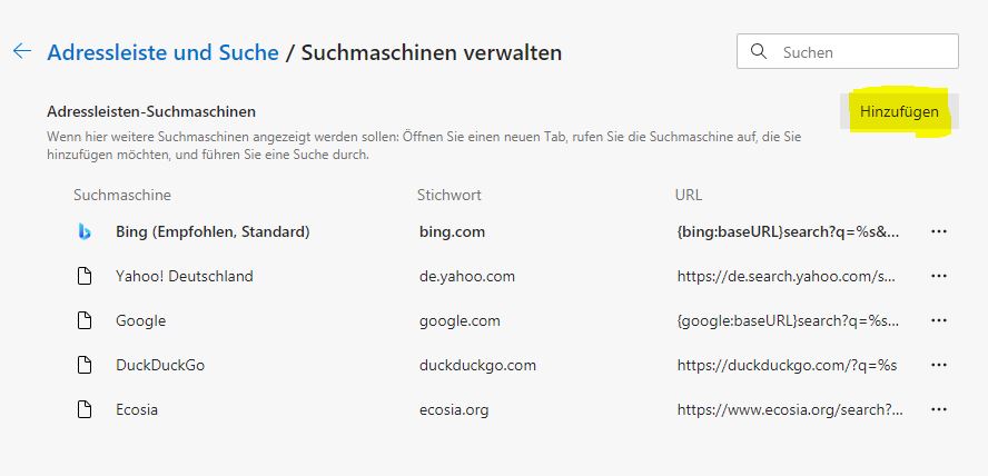 Edge: Suchmaschine hinzufügen oder die URL ändern