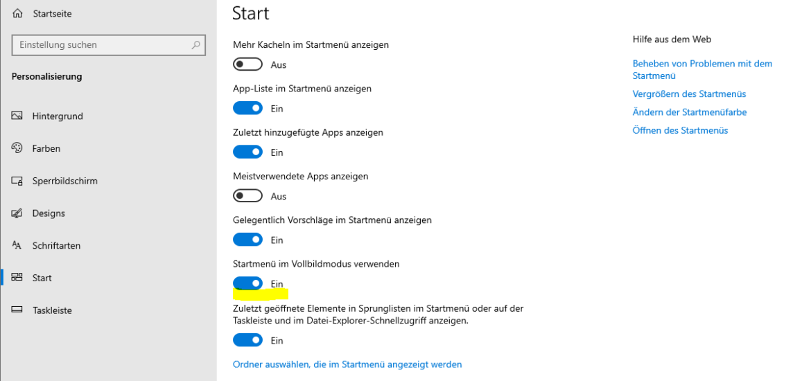 Windows 10: Startmenü in Windows 10 als Vollbild