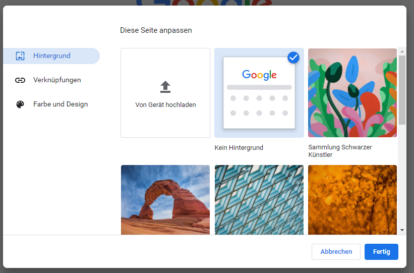 Chrome Hintergrund ändern das Hintergrundbild hochladen