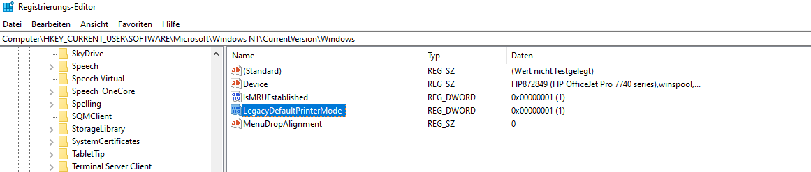 Windows 10 Standarddrucker Verwaltung über Registry abschalten