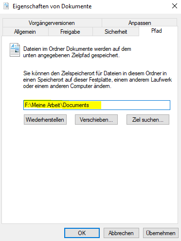 Windows 10: Den neuen Speicherort für den Dokumentenordner hinterlegt