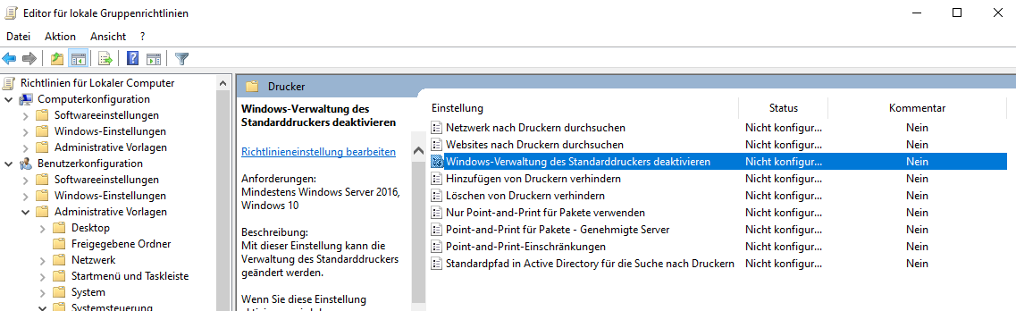 Windows 10 die Standard-Druckerverwaltung über GPO deaktivieren