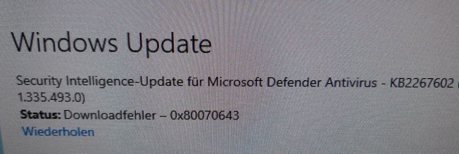 Security Intelligence Update for Windows Defender Antivirus - KB2267602 (Version 1.335.493.0) -Error 0x80070643