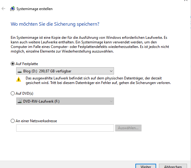 Windows 10 Systemabbild erstellen - Speicherort auswählen