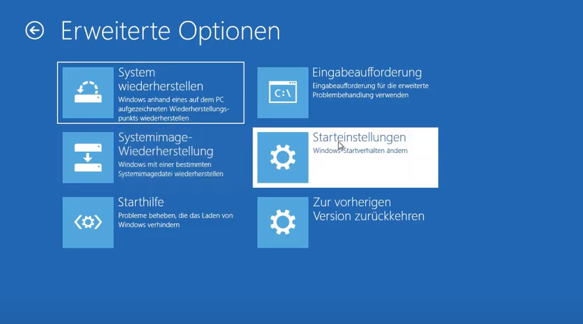Windows 10: Erweiterte Optionen und dann Starteinstellungen