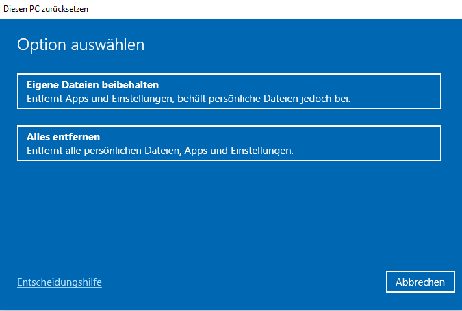 Windows 10 zurücksetzen über 2 Optionen