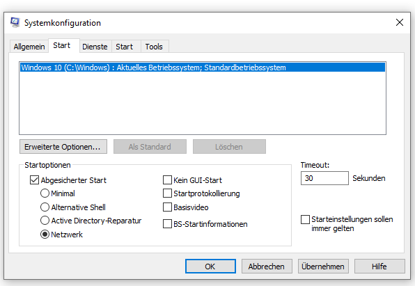 Windows 10: Abgesicherter Modus starten über  die Systemkonfiguration