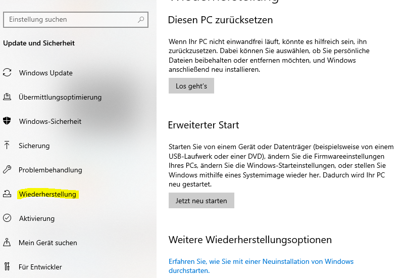 Windows 10 zurücksetzen über die Einstellungen