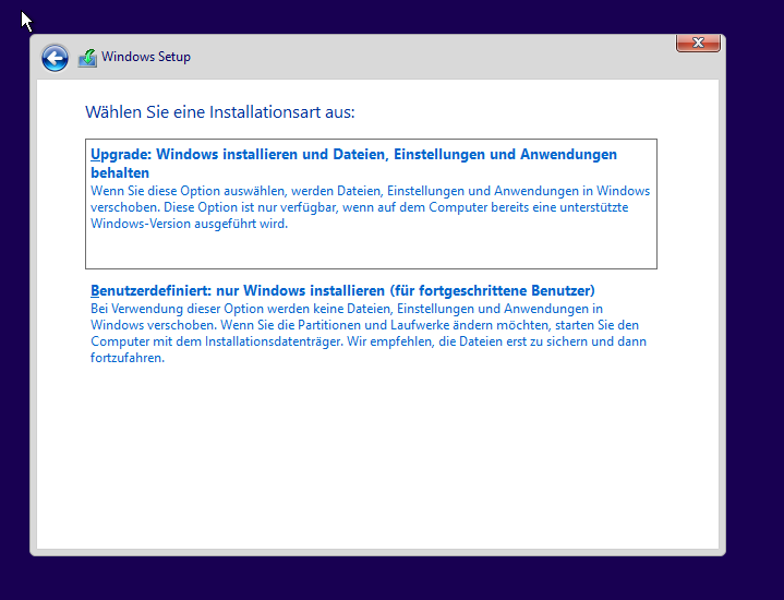 Windows 11 Setup an der Stelle wählt ihr die Installationsart ob Upgrade oder Benutzerdefiniert