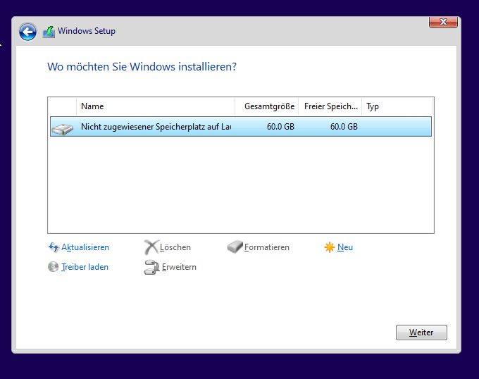 Den Speicherplatz für die Windows 11 Installation auswählen
