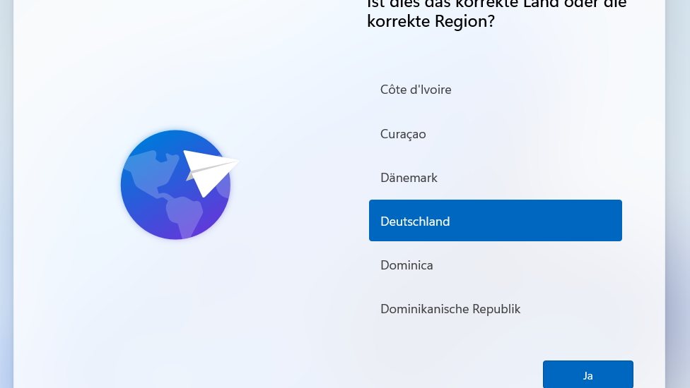 Windows 11 korrektes Land und Region auswählen