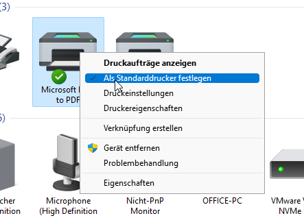 Standarddrucker in Windows 11 mit der rechten Maustaste festlegen.