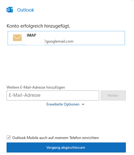 Google Gmail: IMAP Konto wurde erfolgreich hinzugefügt