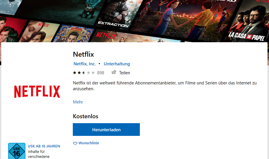 Netflix App für Windows 10 auf Microsoft Store zum Herunterladen