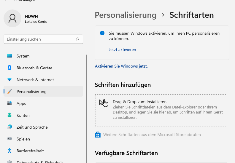 Windows 11 Schriftarten per Drag & Drop unter Personalisierung hinzufügen