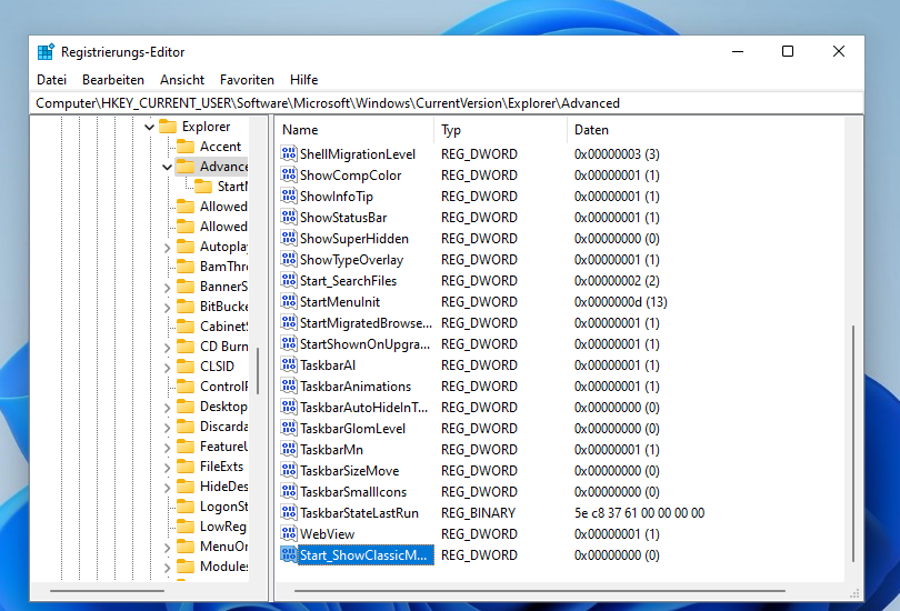 Startmenü von Windows 11 über die Registry anpassen funktioniert nicht mehr seit  Build 22000.65 