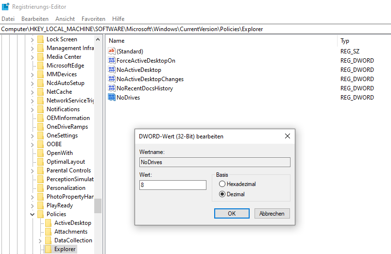 Windows 10 Laufwerk verstecken mit der entsprechenden Registry Eintrag  NoDrives