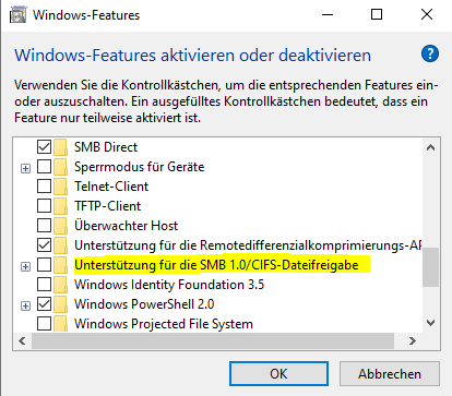 Windows 10  Unterstützung für SMB V1.0 aktivieren 