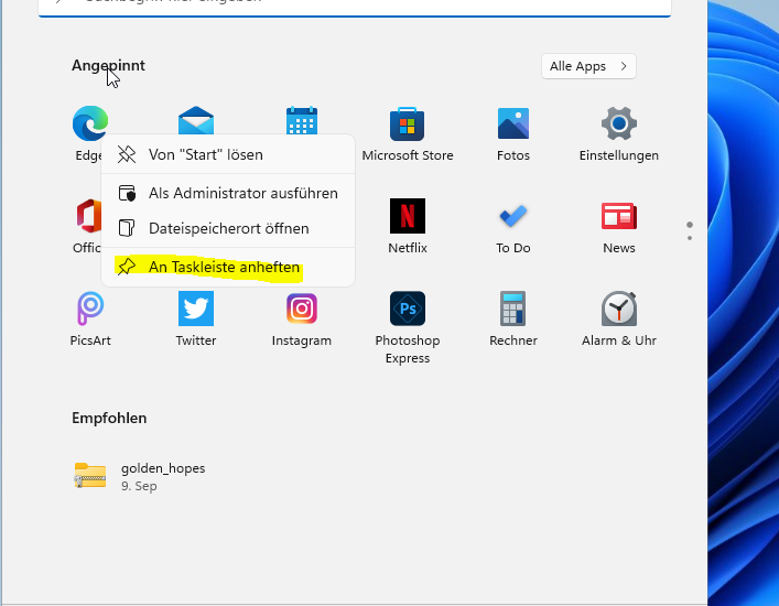 Microsoft Edge an die Taskleiste in Windows 11 anheften