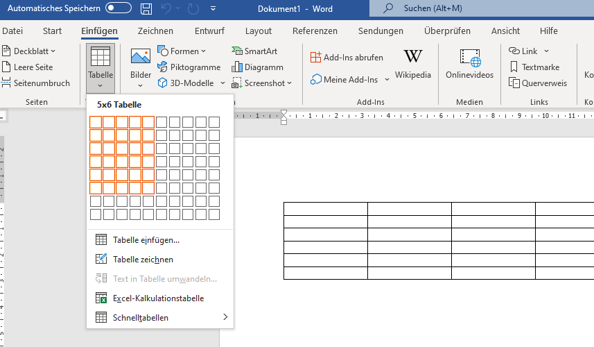 Microsoft Office 365 Einfügen einer Tabelle- So fügt ihr eine Tabelle in das Word-Dokument ein