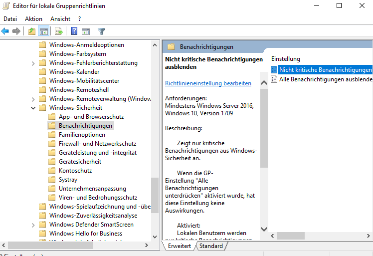 Nicht kritische Benachrichtigungen von Windows-Sicherheit im Editor für lokale Gruppenrichtlinien aktivieren oder deaktivieren