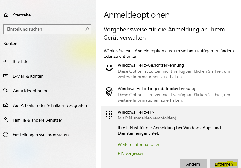 Windows 10: Windows Hello deaktivieren