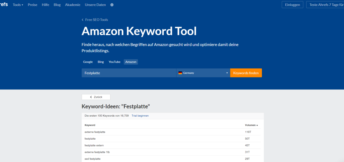 Amazon Keyword Tool - Ahrefs kostenloses Keyword Recherche Tool