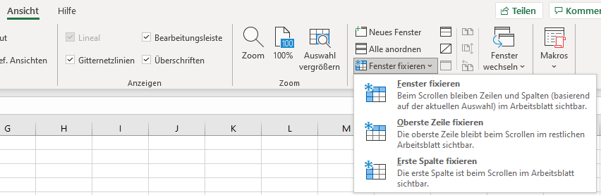 Excel Spalten fixieren: Menü oben dann auf Ansicht und dann Fenster fixieren.