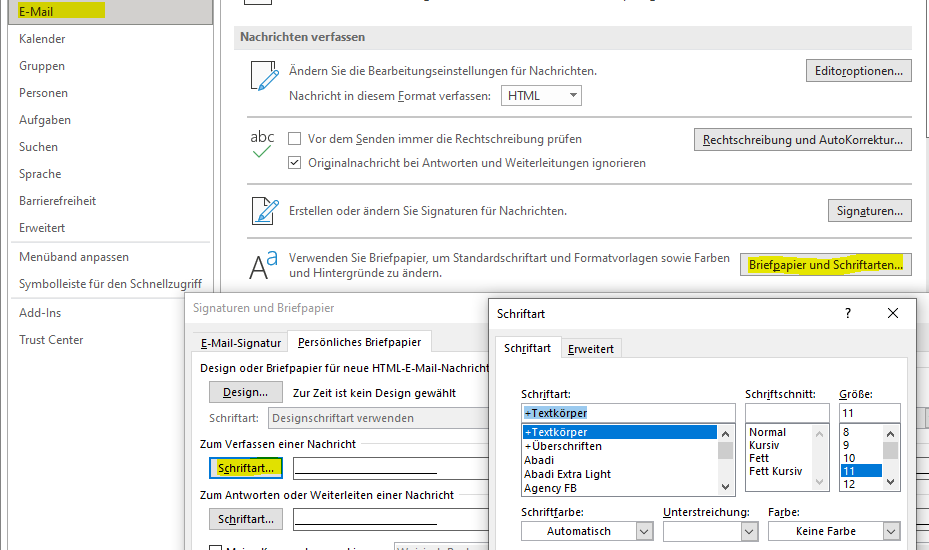 Microsoft Outlook: Die Schriftgröße und Schriftart ändern: über Datei->E-Mail->Briefpapier und Schriftarten-> Schriftart.