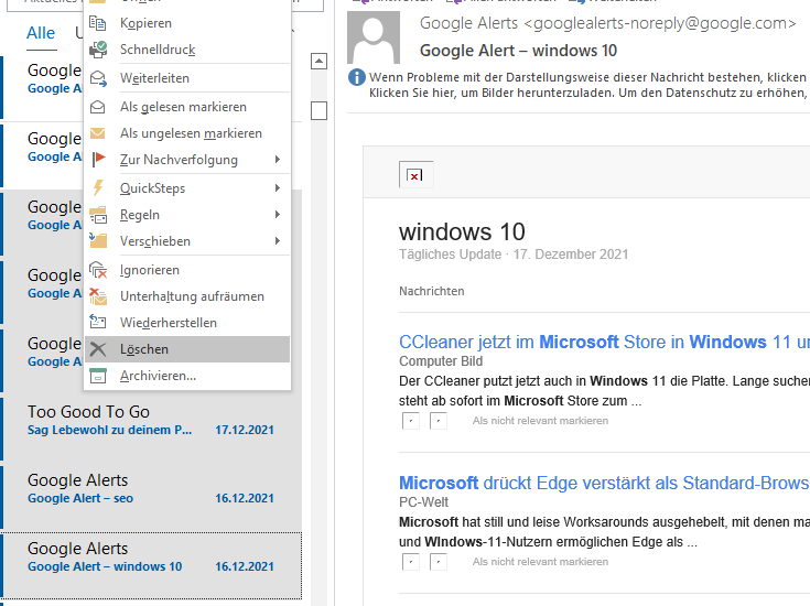 Wie löscht man in Microsoft Outlook mehrere E-Mails