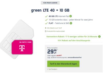 Telekom-Netz: green LTE 40 + 10 GB für 29,99 Euro monatlich statt 46,99 Euro bei mobilcom-debitel