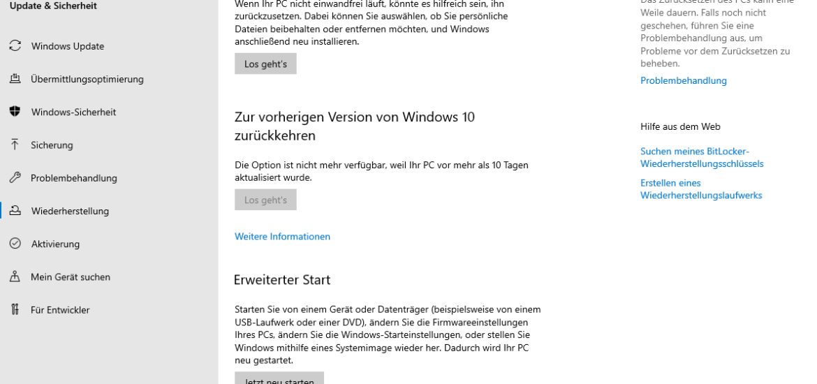 Windows 10 zurücksetzten