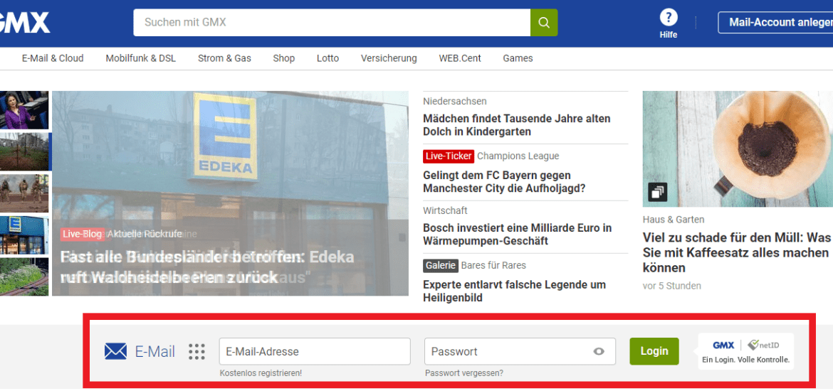 GMX Login auf der Startseite von GMX.net