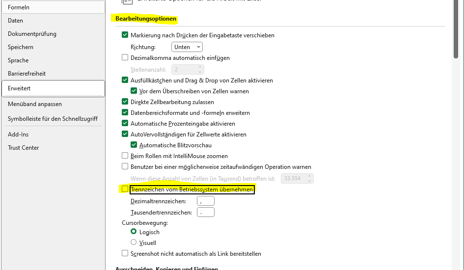 Office365: Excel: Punkt durch Komma ersetzen