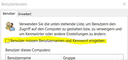 Die Option Benutzer müssen einen Benutzernamen und ein Kennwort eingeben, muss aktiviert sein