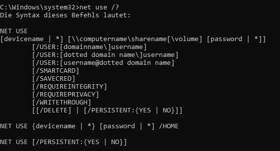 CMD-Befehl Net Use mit Parametern