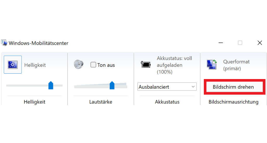 Windows 11 auf einem Laptop oder Tablet: Bildschirm drehen über Windows Mobilitätscenter