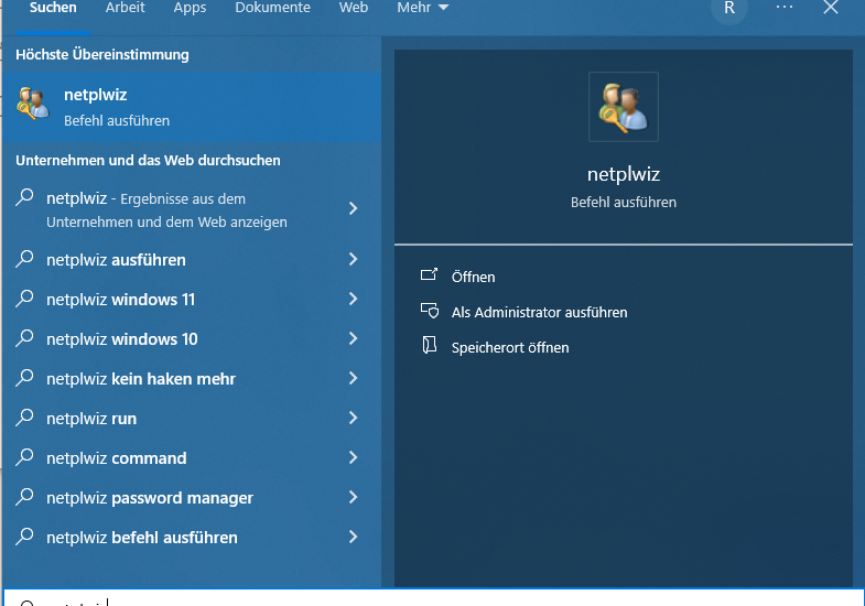 netplwiz über die Windows-Suche öffnen