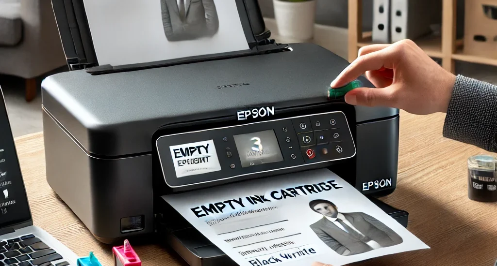 Epson-Drucker mit einer leeren Patronen-Warnung zeigt, sowie die Einstellung zur Umgehung des Problems.