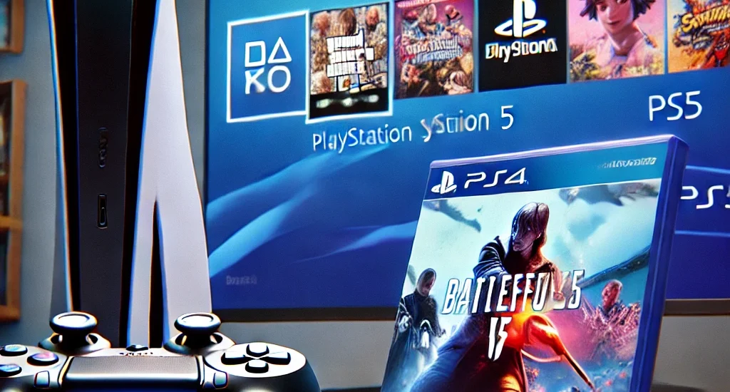 PlayStation 5 neben einer PS4-Spiel-Disc zeigt. Es veranschaulicht die Abwärtskompatibilität zwischen PS4 und PS5