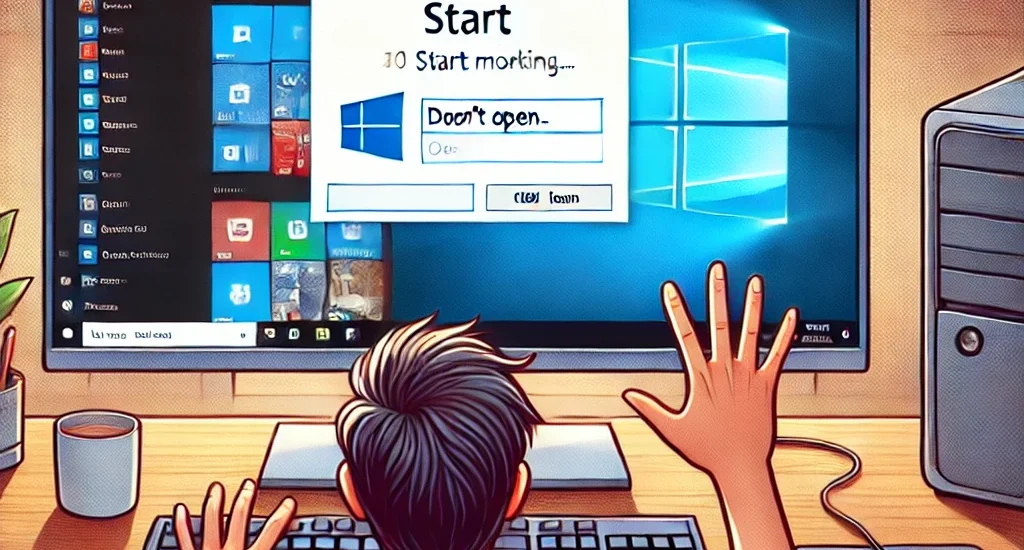 Das Bild zeigt den Frust eines Benutzers zeigt, dessen Startmenü unter Windows 10 nicht funktioniert.