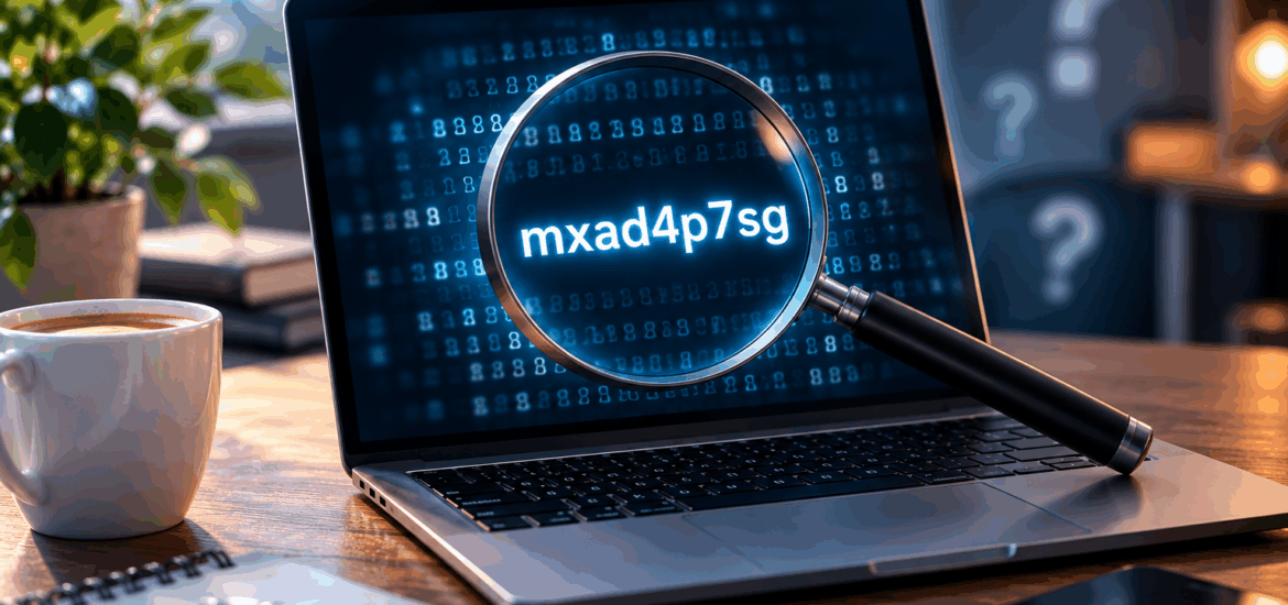 mxad4p7sg als mysteriöser Code auf einem Laptop unter einer Lupe